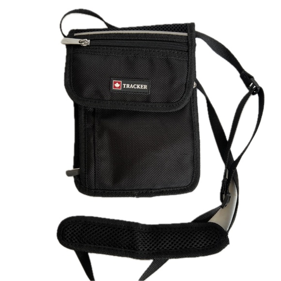 Tracker Passport Phone Travel Crossbody Bag Black Convenient Side Zipper Pocket - Picture 3 of 8